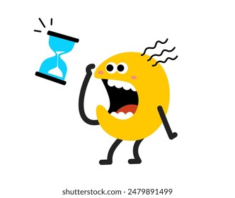 Vector cartoon illustration of cute abstract shape scream character stand with hourglass on white color background. Flat style child doodle design of scare geometric monster. Kid character with time