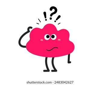 Vector cartoon illustration of cute abstract cloud shape think character with question and exclamation mark on white background. Flat style child doodle design of geometric monster. Kid character