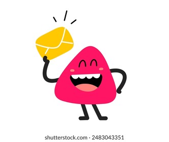 Vector cartoon illustration of cute abstract shape happy character with envelope in hand on white color background. Flat style child doodle design of smile geometric monster with letter. Kid character