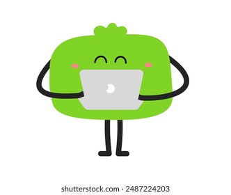 Vector cartoon illustration of cute abstract shape happy character with laptop in hand on white color background. Flat style child doodle design of smile geometric monster and gadget. Kid character