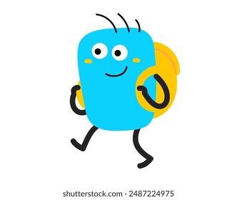 Ilustración de la historieta del Vector de la forma abstracta linda del personaje feliz con la caminata de la mochila en el fondo blanco del color. Diseño de garabato infantil de estilo plano de monstruo geométrico sonrisa. Kid personaje caminar para el Web