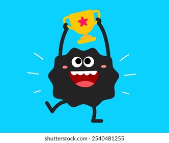 Vector cartoon illustration of cute abstract shape champion character on blue color background. Flat style child doodle design of smile geometric monster. Kid happy character with winner cup in hand