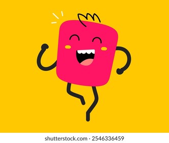 Ilustração em desenho animado de um bonito monstro geométrico de sorriso abstrato no fundo amarelo. Design de doodle criança estilo plano de forma feliz passeio de personagem. Caminho de personagem infantil para web, site, banner