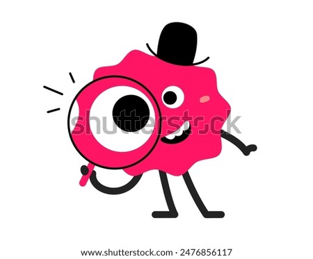 Vector cartoon illustration of cute abstract shape happy character with magnifying glass in hand on white color background. Flat style child doodle design of smile geometric monster. Kid character
