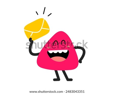 Vector cartoon illustration of cute abstract shape happy character with envelope in hand on white color background. Flat style child doodle design of smile geometric monster with letter. Kid character