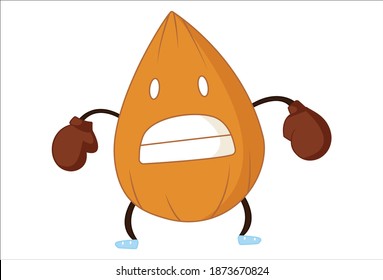 Vector cartoon illustration. Cute almond is wearing gloves in hand and ready to fight. Isolated on white background.