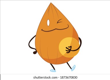 Vector cartoon illustration. Cute almond is wink the eye. Isolated on white background.