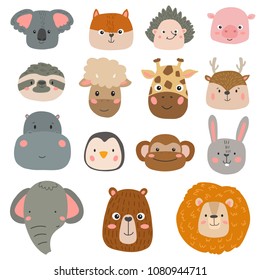 Vector cartoon illustration of cute animals. Sheep, koala, fox, hedgehog, pig, sloth, giraffe, deer, hippo, elephant for poster, greeting card, t-shirt, invitation, baby shower, birthday, room decor