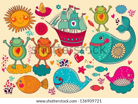 Vector cartoon illustration with cute animals