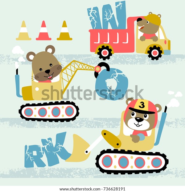 vector cartoon illustration of cute animals driving\
construction vehicles 