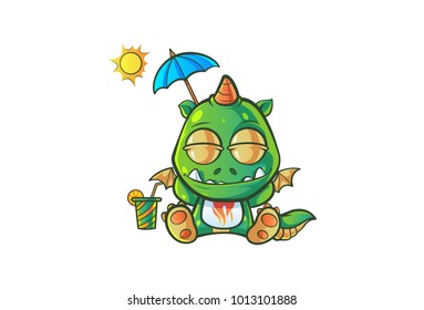 Vector cartoon illustration of cute baby dragon with umbrella. Isolated on white background.	
