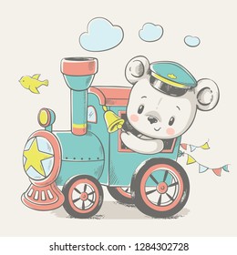 Vector cartoon illustration of a cute baby bear, driving the locomotive.