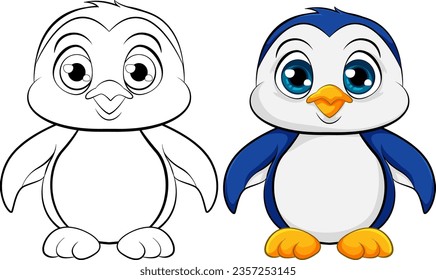 A vector cartoon illustration of a cute baby penguin, isolated on white background, ready for coloring