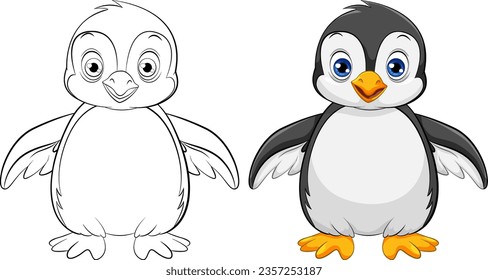 A vector cartoon illustration of a cute baby penguin, isolated on white background for coloring pages
