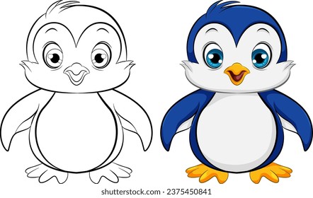 A vector cartoon illustration of a cute baby penguin, isolated on white, for colouring pages