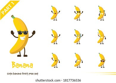 Vector cartoon illustration of cute banana fruit poses set. Isolated on white background.