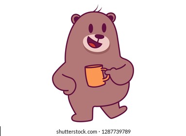 Vector cartoon illustration of cute bear with tea cup. Isolated on white background.
