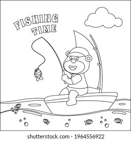 Vector cartoon illustration of cute bear fishing on sailboat with cartoon style. Childish design for kids activity colouring book or page.