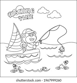 Vector cartoon illustration of cute bear fishing on sailboat with cartoon style. Childish design for kids activity colouring book or page.