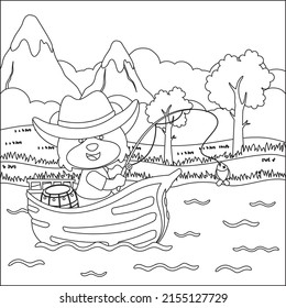 Vector cartoon illustration of cute bear fishing on sailboat with cartoon style. Childish design for kids activity colouring book or page.