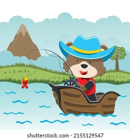 Vector cartoon illustration of cute bear fishing on sailboat with cartoon style. Can be used for t-shirt print, kids wear fashion design, fabric textile, nursery wallpaper and poster.