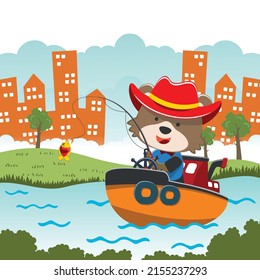 Vector cartoon illustration of cute bear fishing on sailboat with cartoon style. Can be used for t-shirt print, kids wear fashion design, fabric textile, nursery wallpaper and poster.