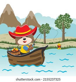 Vector cartoon illustration of cute bear fishing on sailboat with cartoon style. Can be used for t-shirt print, kids wear fashion design, fabric textile, nursery wallpaper and poster.