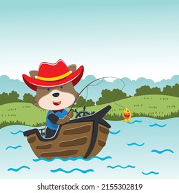 Vector cartoon illustration of cute bear fishing on sailboat with cartoon style. Can be used for t-shirt print, kids wear fashion design, fabric textile, nursery wallpaper and poster.