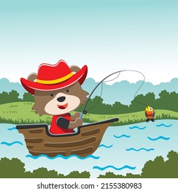 Vector cartoon illustration of cute bear fishing on sailboat with cartoon style. Can be used for t-shirt print, kids wear fashion design, fabric textile, nursery wallpaper and poster.