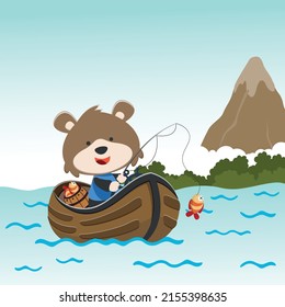 Vector cartoon illustration of cute bear fishing on sailboat with cartoon style. Can be used for t-shirt print, kids wear fashion design, fabric textile, nursery wallpaper and poster.