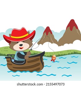 Vector cartoon illustration of cute bear fishing on sailboat with cartoon style. Can be used for t-shirt print, kids wear fashion design, fabric textile, nursery wallpaper and poster.