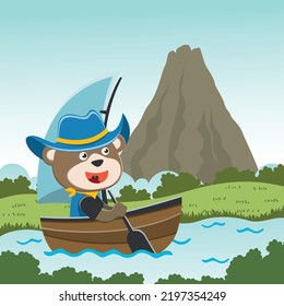 Vector cartoon illustration of cute bear sailing on sailboat with cartoon style. Can be used for t-shirt print, kids wear fashion design, fabric textile, nursery wallpaper and poster.