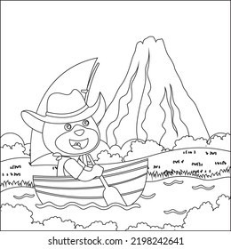 Vector cartoon illustration of cute bear  on sailboat with cartoon style. Childish design for kids activity colouring book or page.