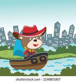 Vector cartoon illustration of cute bear sailing on sailboat with cartoon style. Can be used for t-shirt print, kids wear fashion design, fabric textile, nursery wallpaper and poster.