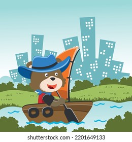 Vector cartoon illustration of cute bear sailing on sailboat with cartoon style. Can be used for t-shirt print, kids wear fashion design, fabric textile, nursery wallpaper and poster.