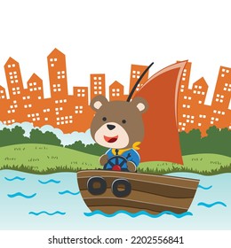 Vector cartoon illustration of cute bear sailing on sailboat with cartoon style. Can be used for t-shirt print, kids wear fashion design, fabric textile, nursery wallpaper and poster.
