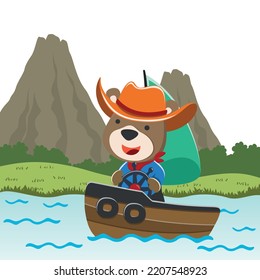 Vector cartoon illustration of cute bear sailing on sailboat with cartoon style. Can be used for t-shirt print, kids wear fashion design, fabric textile, nursery wallpaper and poster.