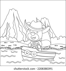 Vector cartoon illustration of cute bear on sailboat with cartoon style. Childish design for kids activity colouring book or page.