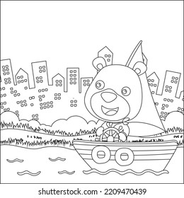 Dibujo vectorial del oso lindo en velero con estilo de dibujos animados. Diseño infantil para niños animan libros o páginas coloreadas.