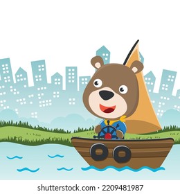 Vector cartoon illustration of cute bear sailing on sailboat with cartoon style. Can be used for t-shirt print, kids wear fashion design, fabric textile, nursery wallpaper and poster.
