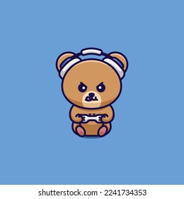 vector cartoon illustration cute bear playing game use joystick and headphone icon animal nature