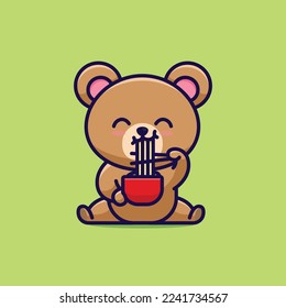 vector cartoon illustration cute bear eat noodle ramen japan icon animal nature