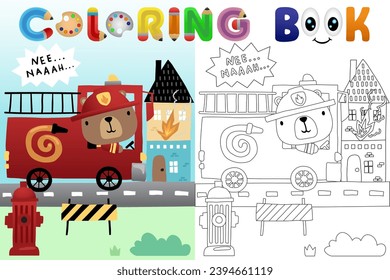 Vector cartoon illustration, cute bear driving firetruck in road city, coloring book or page