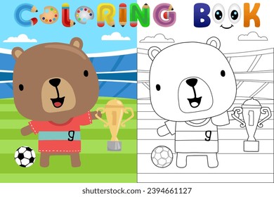 Vector cartoon illustration, cute bear in soccer stadium holding trophy, coloring book or page