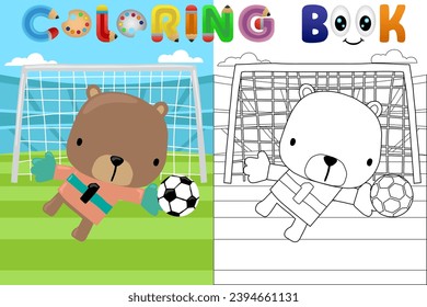 Vector cartoon illustration, cute bear goalkeeper in soccer stadium, coloring book or page