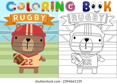 Vector cartoon illustration, cute bear in rugby uniform with ball in stadium, coloring book or page