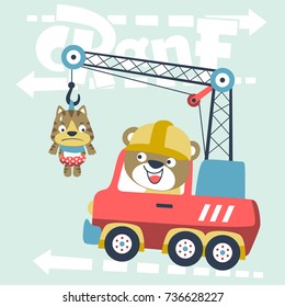 vector cartoon illustration of cute bear on crane truck with kitten