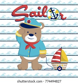 Vector cartoon illustration of cute bear in sailor costume with sailboat toy on wave background pattern