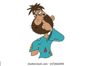 Vector cartoon illustration of cute beggar finger in nose. Isolated on white background.