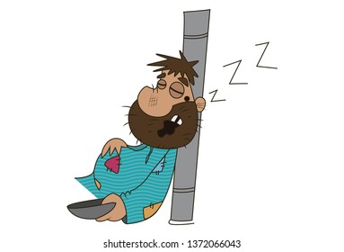 Vector cartoon illustration of cute beggar sleeping. Isolated on white background.